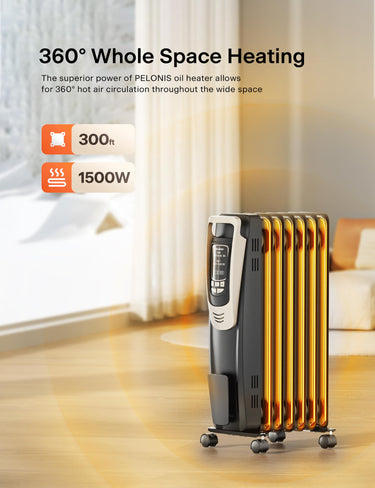 PELONIS Oil Filled Radiator, Electric Space Heater for Indoor Use Large Room with Thermostat & Remote, 3 Modes & 3 Heat Settings, ECO Mode, 24H Timer, Quiet, Overheat & Tip-Over Protection, 1500W Premium with LED Display Black